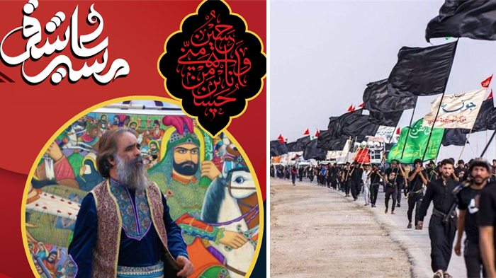 هنرمند مازندرانی در پیاده روی اربعین پرده خوانی میکند هنرمند مازندرانی در پیاده روی اربعین پرده خوانی میکند